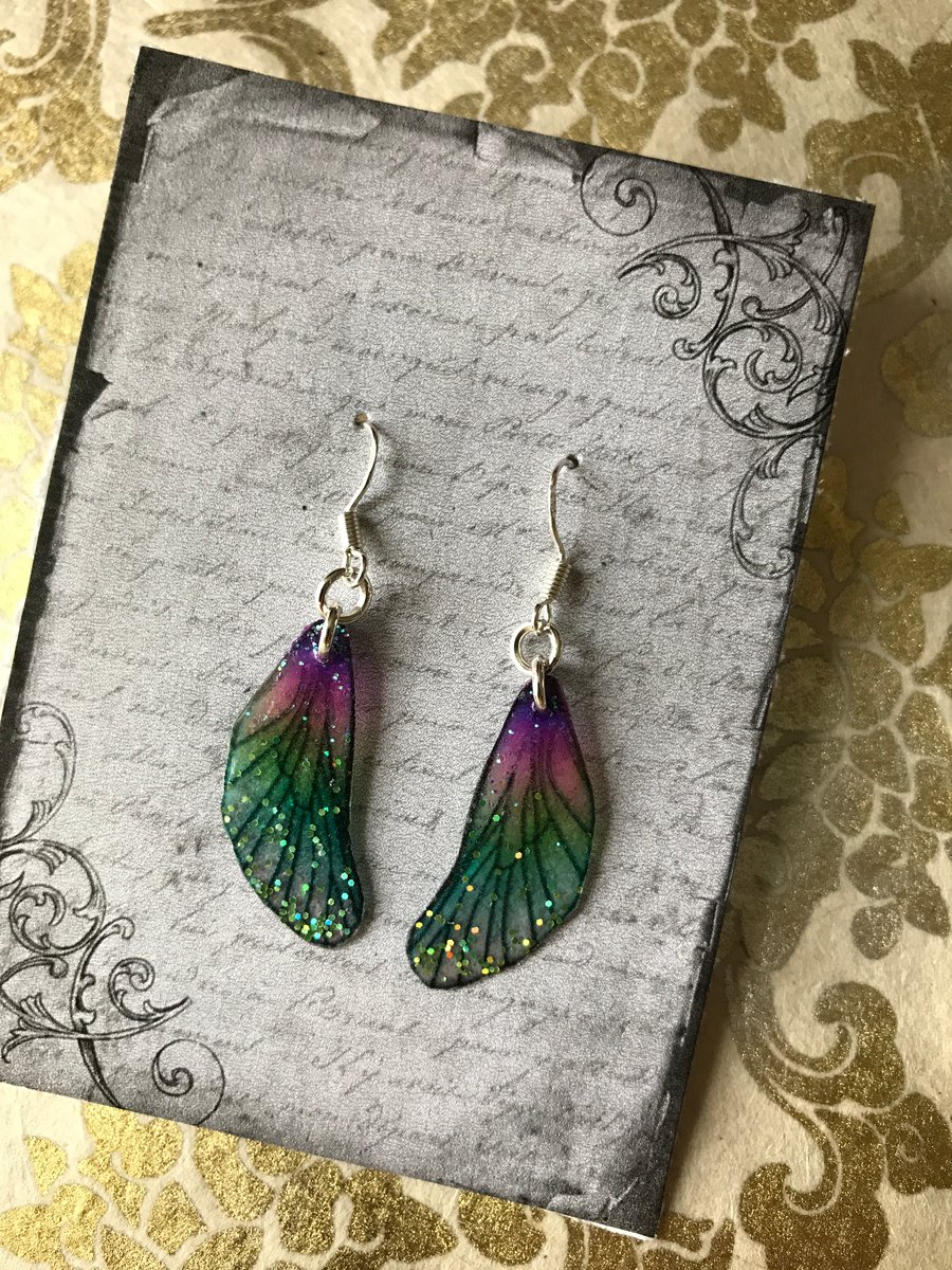 RESERVED FOR ANNA Purple and Green Glitter Sterling Silver Fairy Wing Earrings