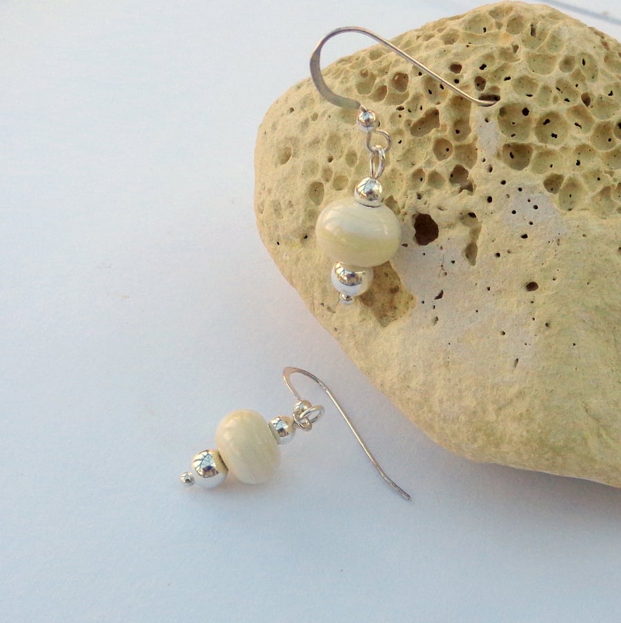 Lampwork glass ivory beads earrings with sterling silver