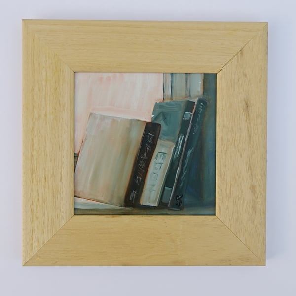 'Books' an original framed oil painting on wood panel 13x13in (33x33cm)