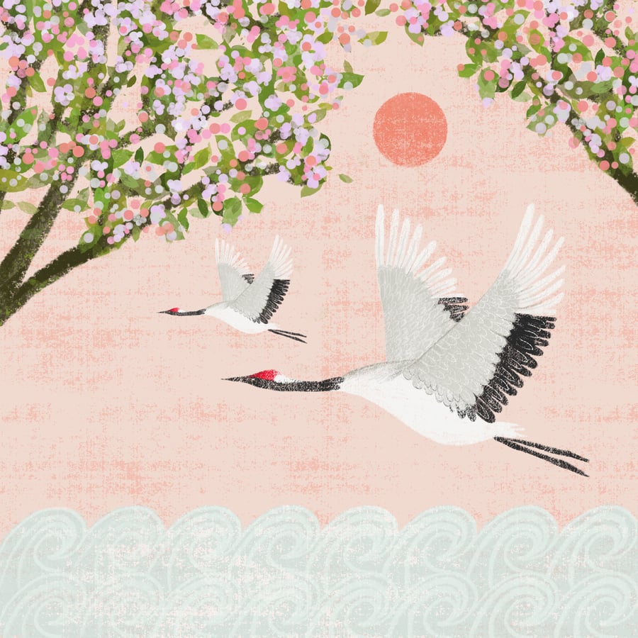 Japanese Cranes, blank greetings card