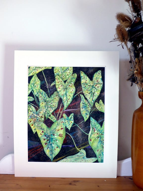 Green Caladium Leaves Tropical Plant  Botanical Watercolour Original Painting