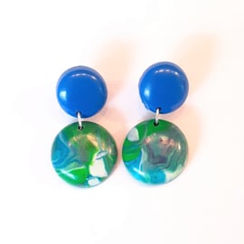 Blue green medium round drop stud earrings