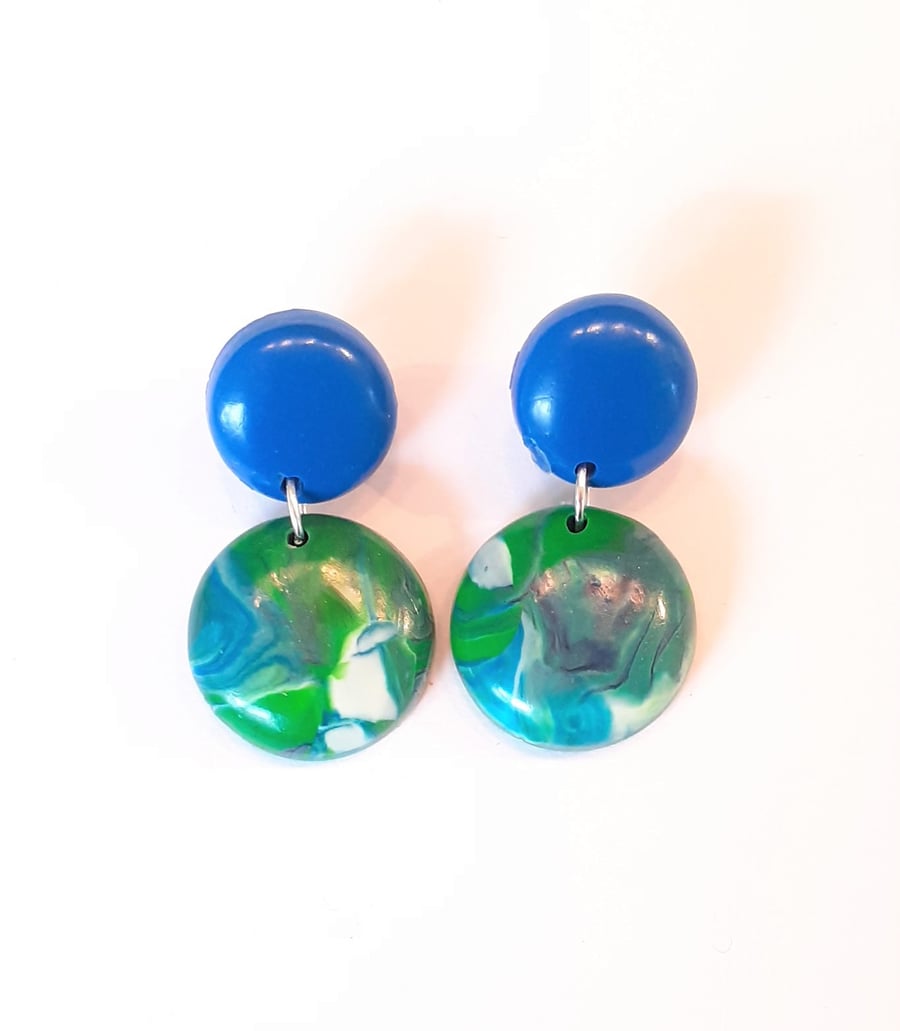 Blue green medium round drop stud earrings
