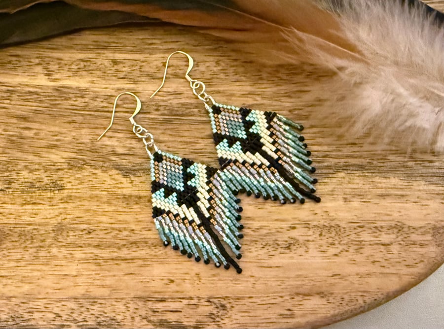 Colourful southwestern bead woven fringe earring 