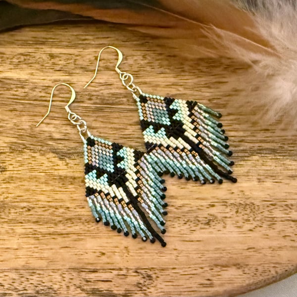 Colourful southwestern bead woven fringe earring 