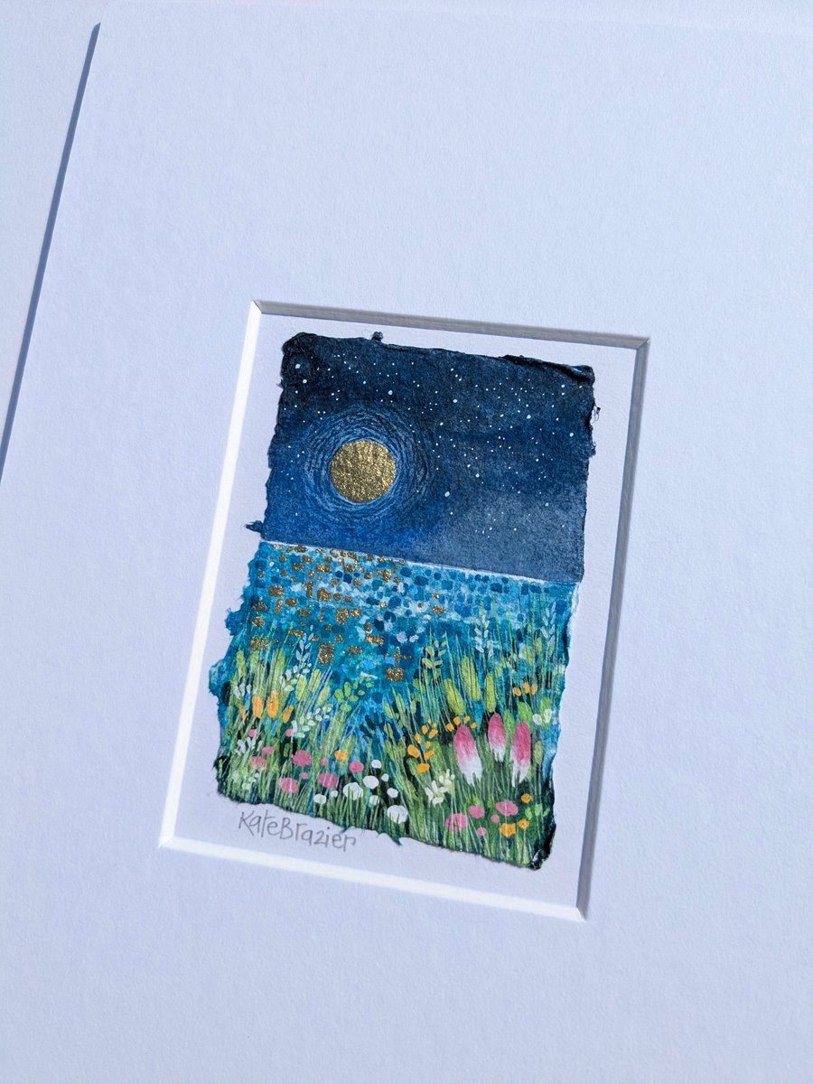 The golden moon sparkled on the waves - Original miniature. A5 Mounted