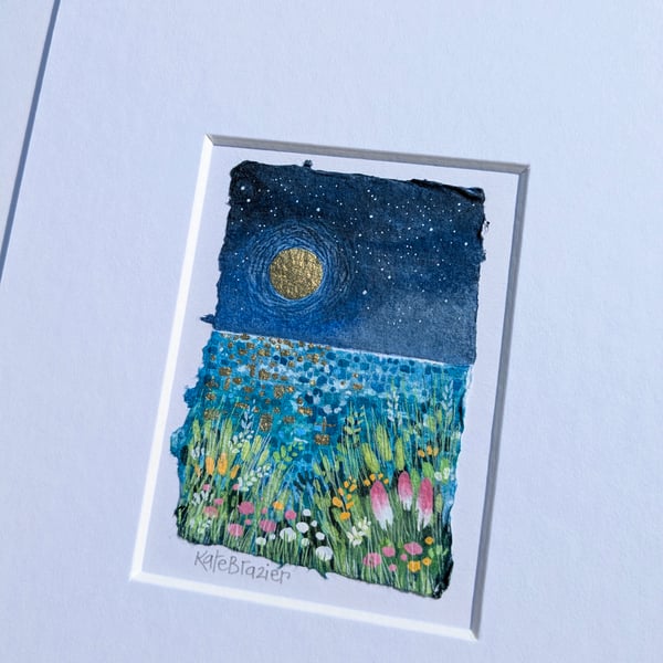 The golden moon sparkled on the waves - Original miniature. A5 Mounted