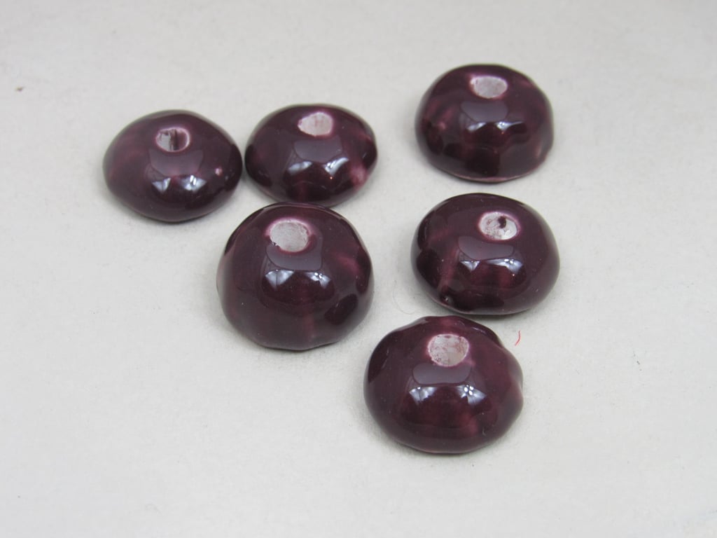 6 Small Aubergine Purple Half-round Ceramic Flower Beads