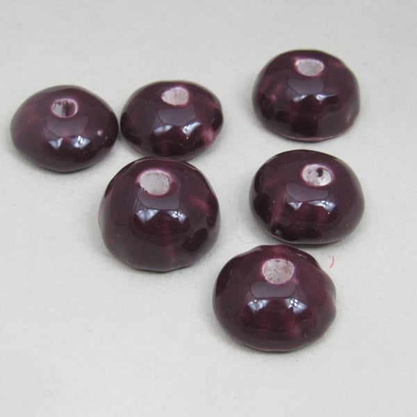 6 Small Aubergine Purple Half-round Ceramic Flower Beads