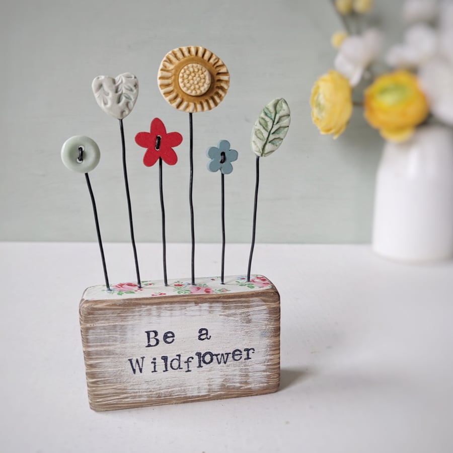 Clay and Button Flower Garden in a Floral Wood Block 'Be a Wildflower'