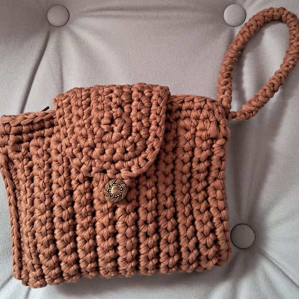 Mid Brown Handmade Crocheted Clutch Bag