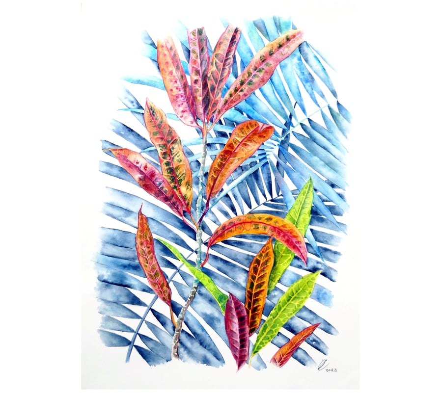Tropical Croton Leaves Botanical Watercolour Painting