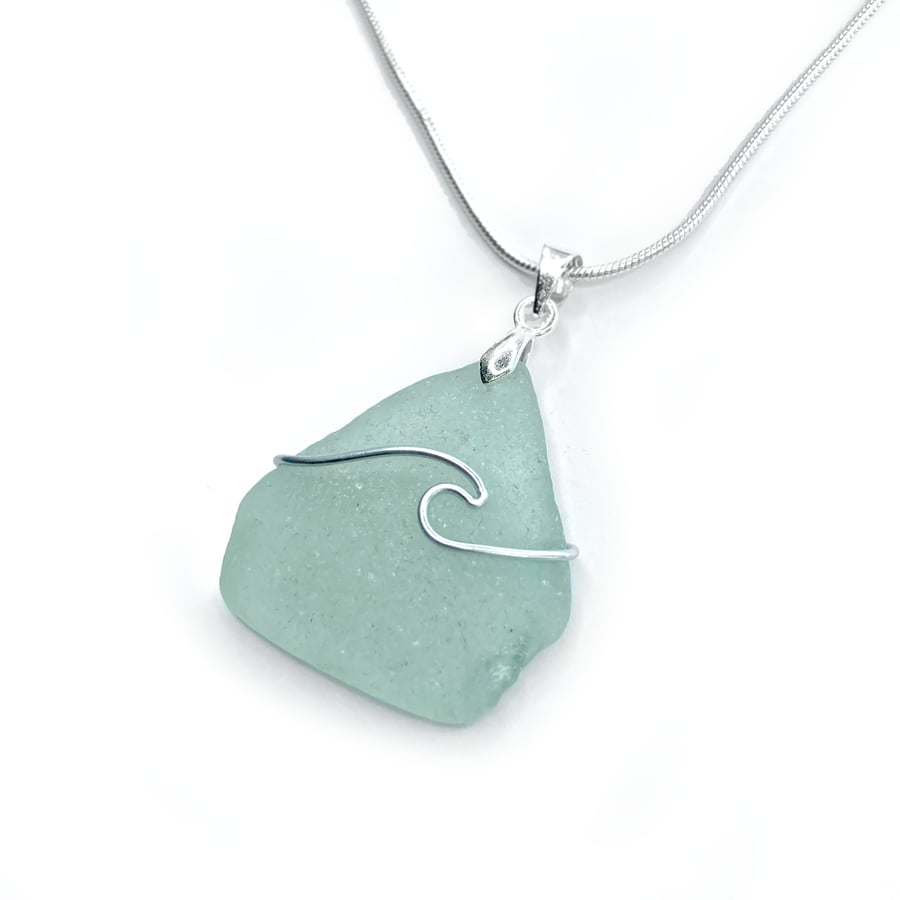 Sea Glass Pendant - Green Beach Glass - Silver Handmade Wave Necklace Jewellery