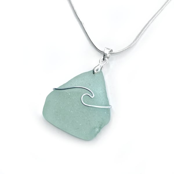 Sea Glass Pendant - Green Beach Glass - Silver Handmade Wave Necklace Jewellery