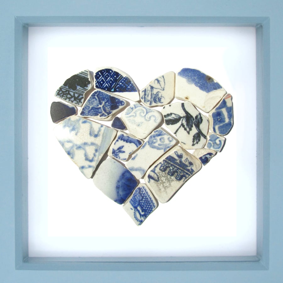 Scottish Antique Beach Pottery "Love Heart" Framed Picture. Handmade Seaside Art