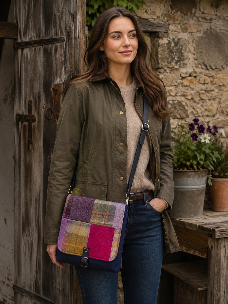 Crossbody bag pink patchwork British wool tweed shoulder bag handbag satchel bag