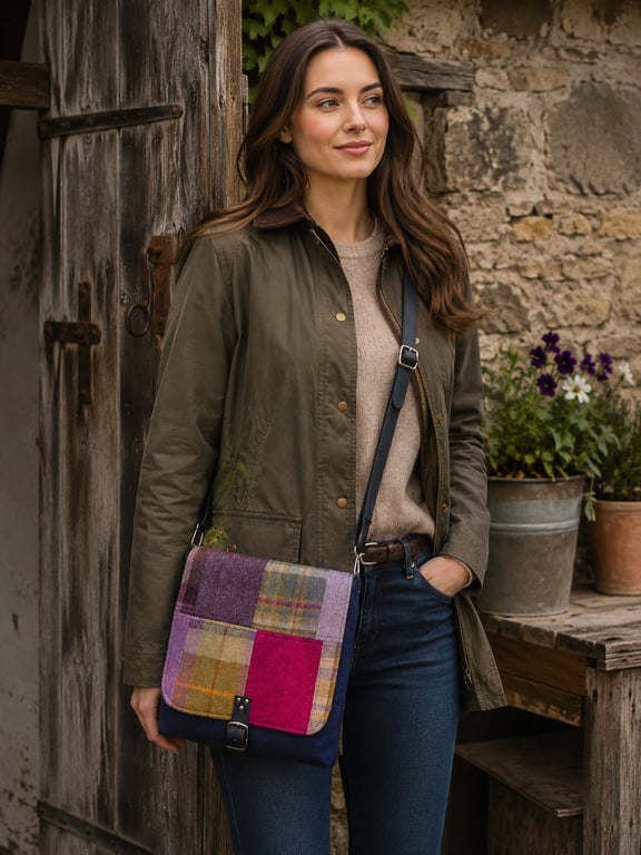 Crossbody bag pink patchwork British wool tweed shoulder bag handbag satchel bag