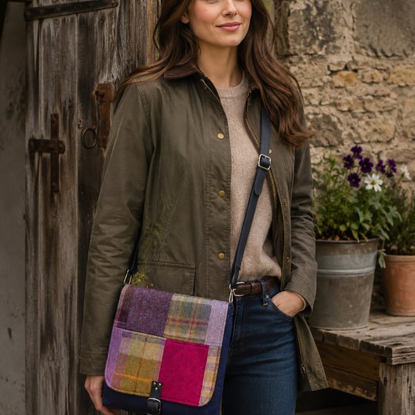 Crossbody bag pink patchwork British wool tweed shoulder bag handbag satchel bag