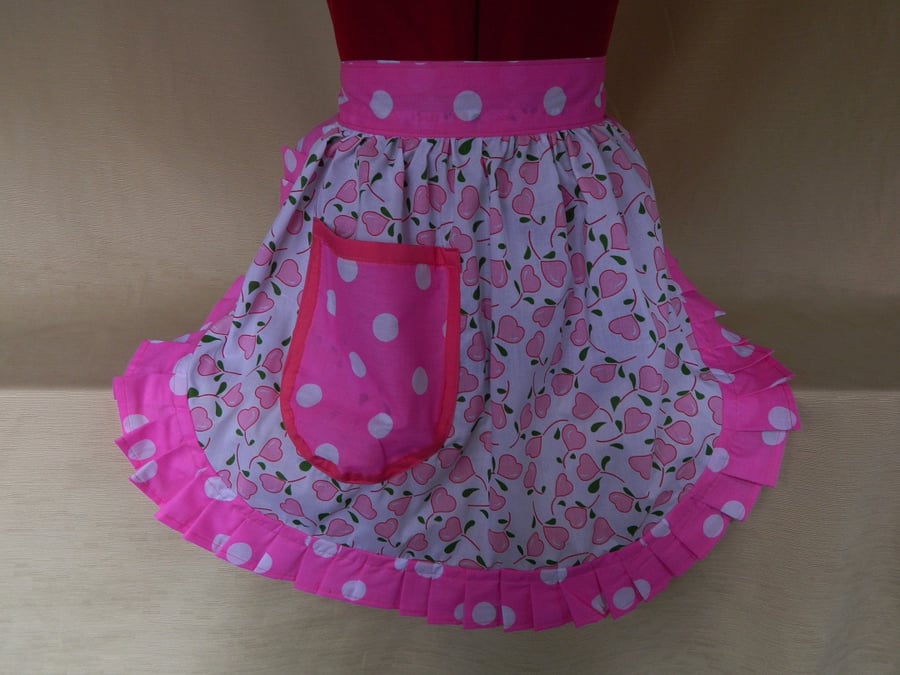 Vintage 50s Style Half Apron Pinny - Pink & White Hearts with Polka Dot Trim