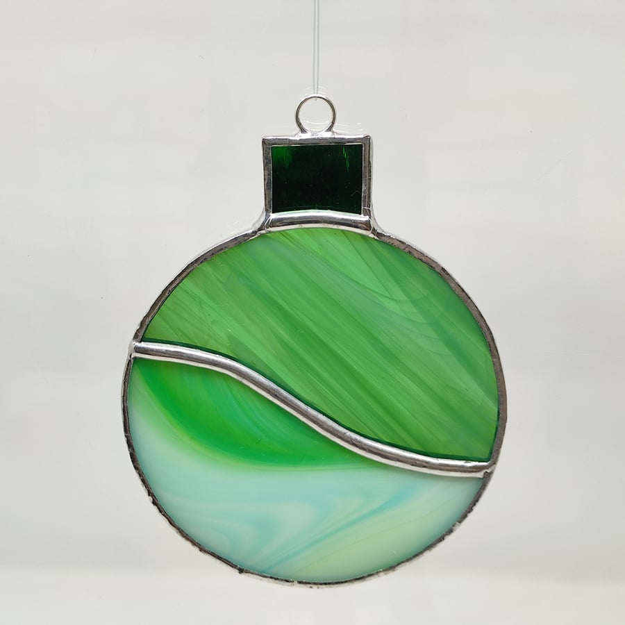 Stained glass Christmas baubles round green swirled copperfoil suncatcher