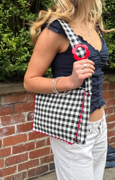 Black Gingham crossbody bag, satchel bag, shoulder bag, red buckle & trim