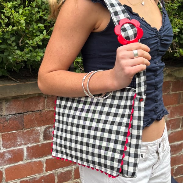 Black Gingham crossbody bag, satchel bag, shoulder bag, red buckle & trim