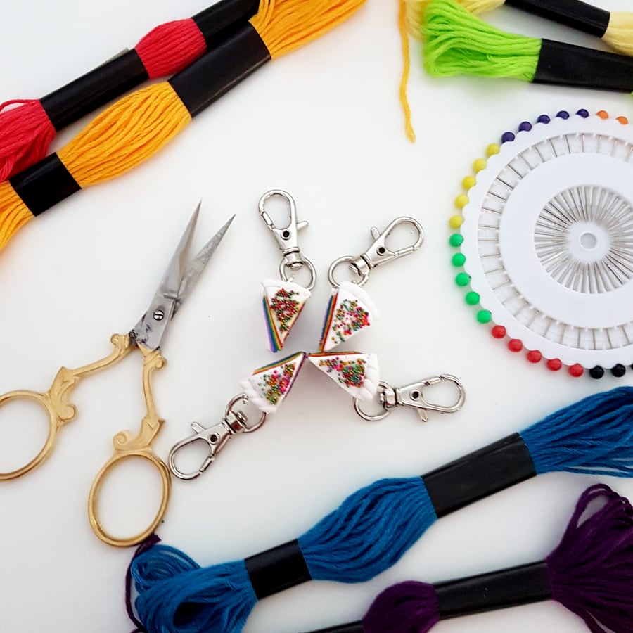 Rainbow cake slice planner charm SET OF FOUR, stitch marker, bag charm, handmade