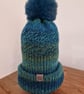 Bobble Hat Chunky Blue and Green Multi-Coloured Knitted Ladies Turquoise Pom Pom - Image 5