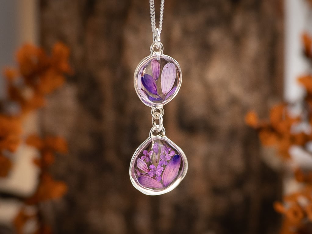 Real Flower Double Drop Necklace, Sterling Silver Floral Pendant