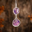 Real Flower Double Drop Necklace, Sterling Silver Floral Pendant