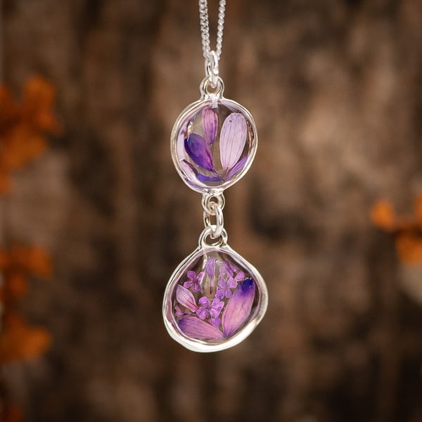 Real Flower Double Drop Necklace, Sterling Silver Floral Pendant
