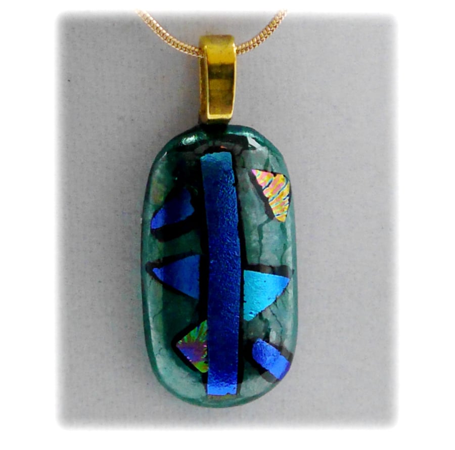 Dichroic Glass Pendant 081 Aquamarine Abstract Handmade with gold plated chain
