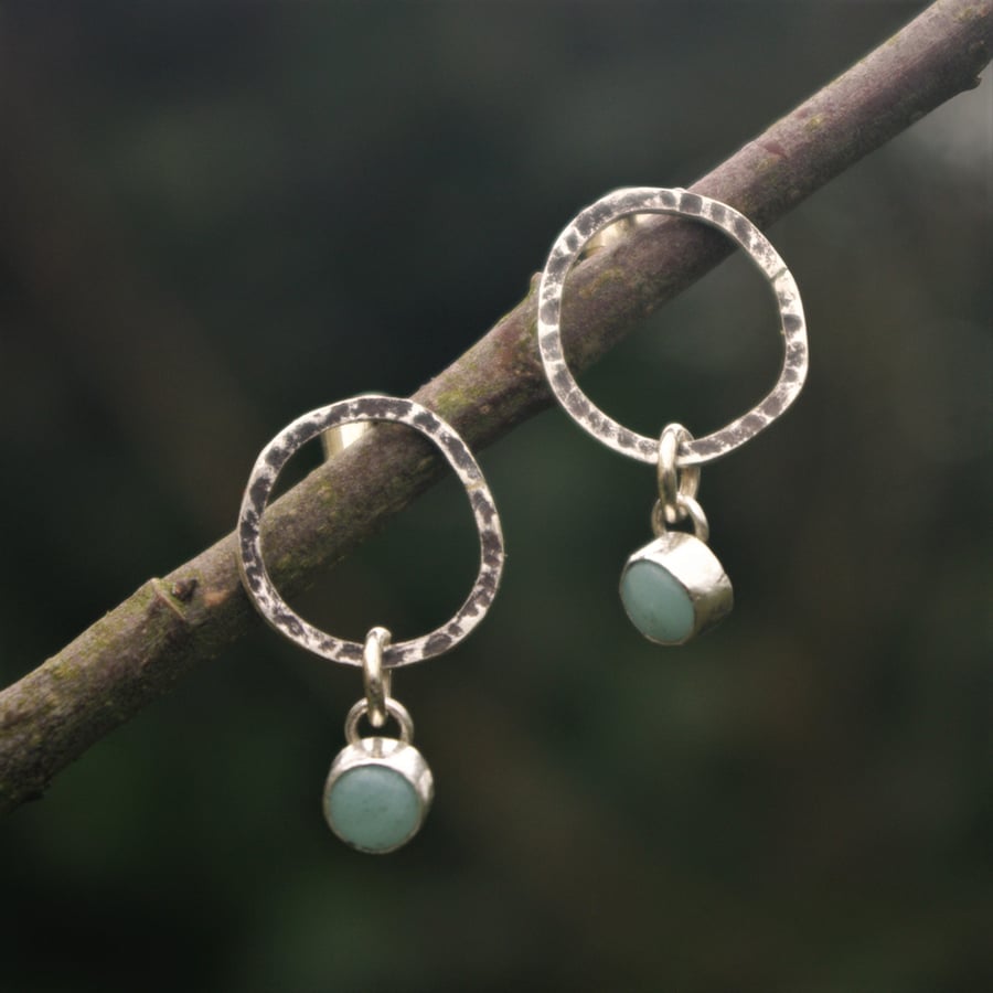 Textured Oval Silver Earrings with Amazonite Drop