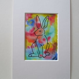 ACEO Bunny Rabbit Original Mixed Media Painting Art Picture Rainbow Memorial