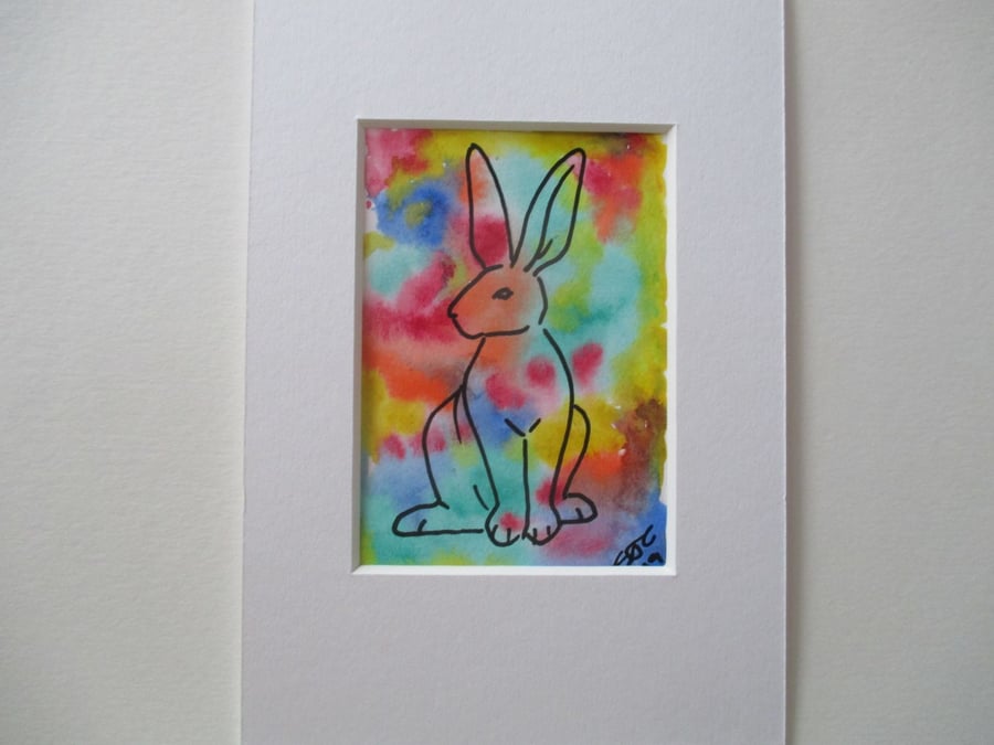 ACEO Bunny Rabbit Original Mixed Media Painting Art Picture Rainbow Memorial