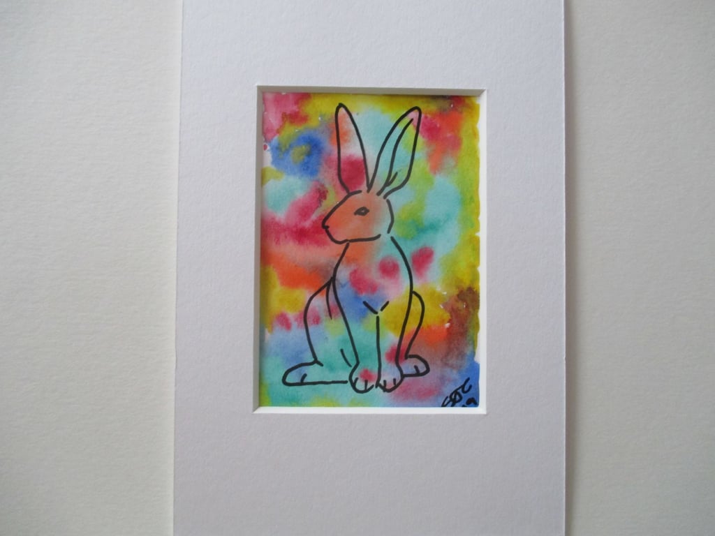 ACEO Bunny Rabbit Original Mixed Media Painting Art Picture Rainbow Memorial