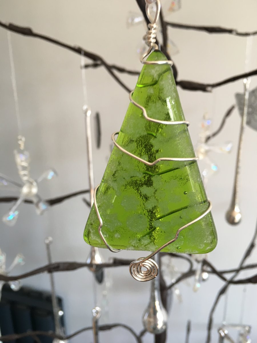 Green wire wrapped fused glass snowflake Christmas tree decoration