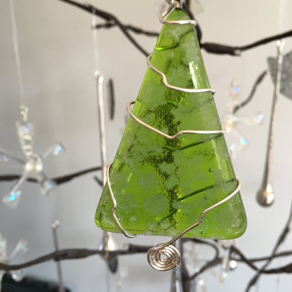 Green wire wrapped fused glass snowflake Christmas tree decoration