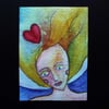 ACEO original watercolour. lady with flowing hair and heart