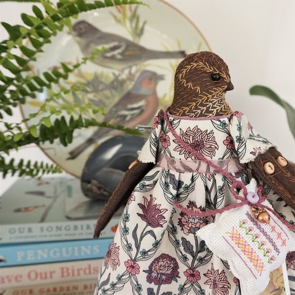 Avalynn, A  Tiny Hand Embroidered Wren Folk Art Doll