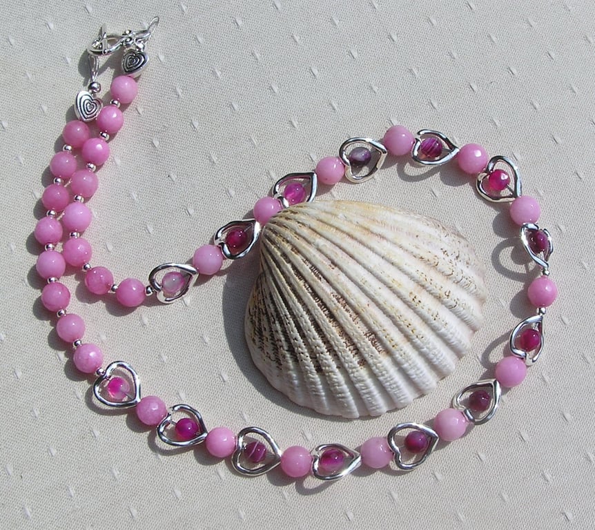 Pink Morganite & Magenta Pink Agate Gemstone Silver Heart Beaded Necklace