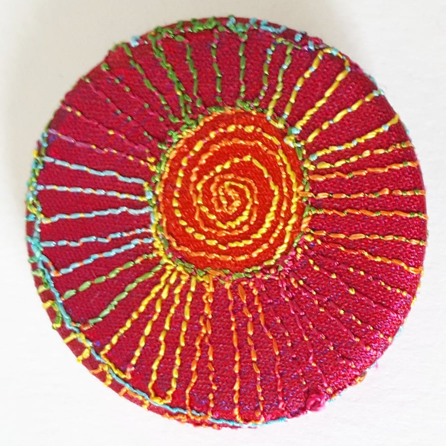 38mm Hand Dyed Fabric Badge with Free Machine Embroidery 