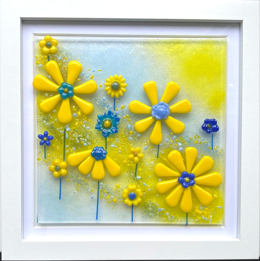 Fused glass floral art in yellow and blue 