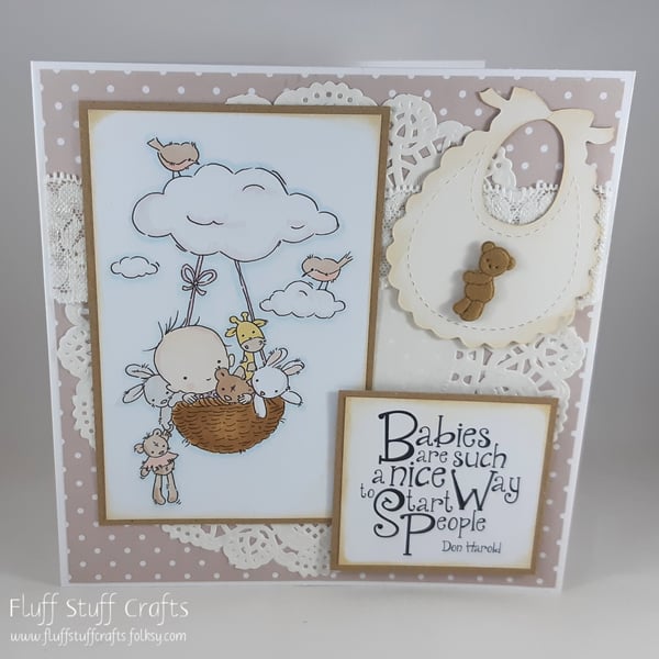 Neutral, handmade new baby card - cloud basket