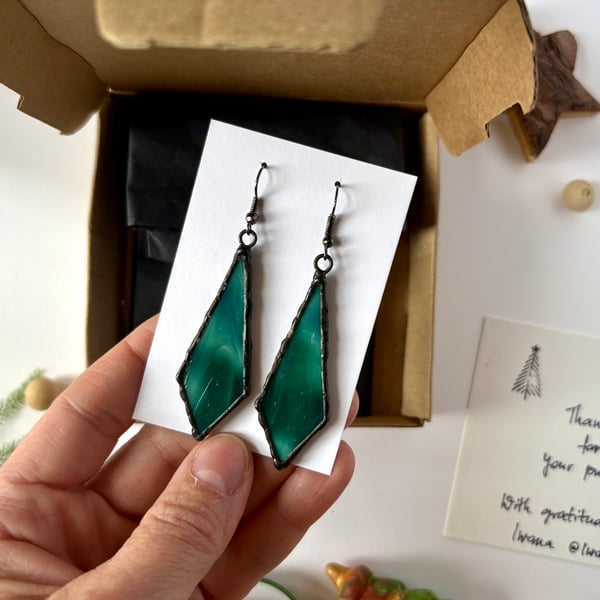 Deep marine green stained glass dangle earrings, Zero waste Gifts for Her