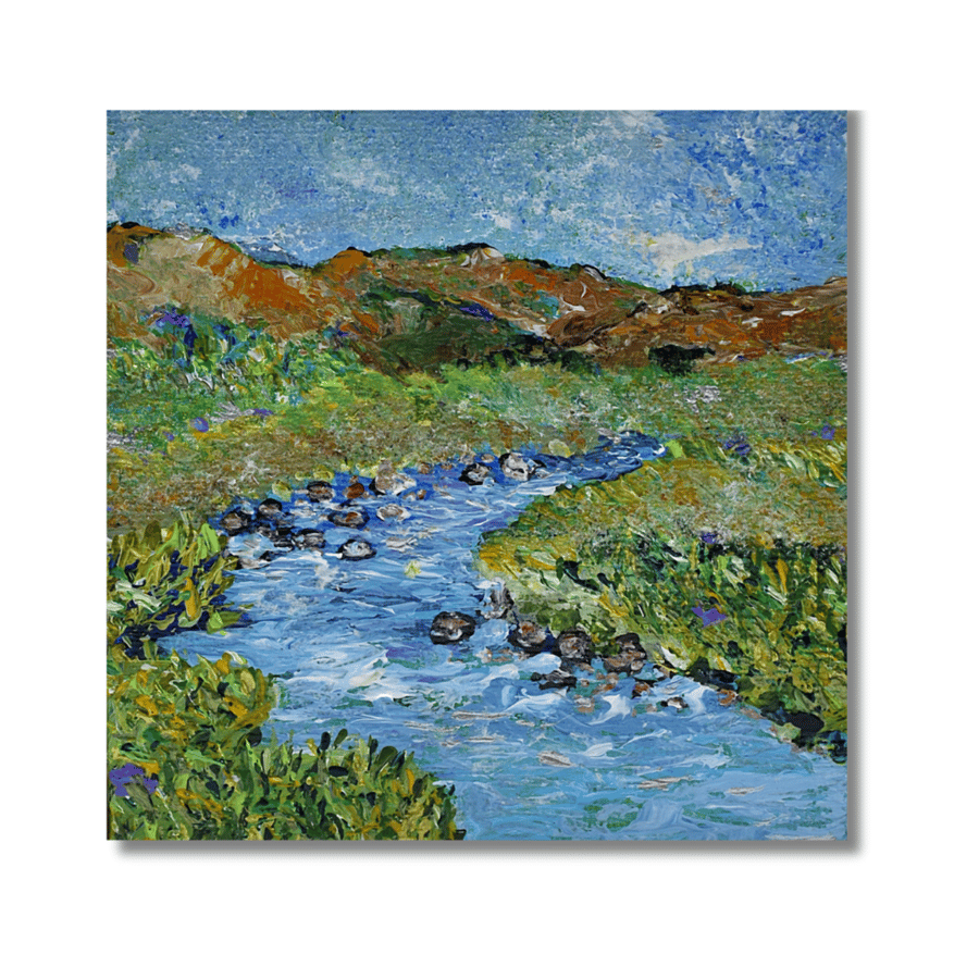 Framed original landscape - Scottish Glen - blue skies - acrylic on canvas.