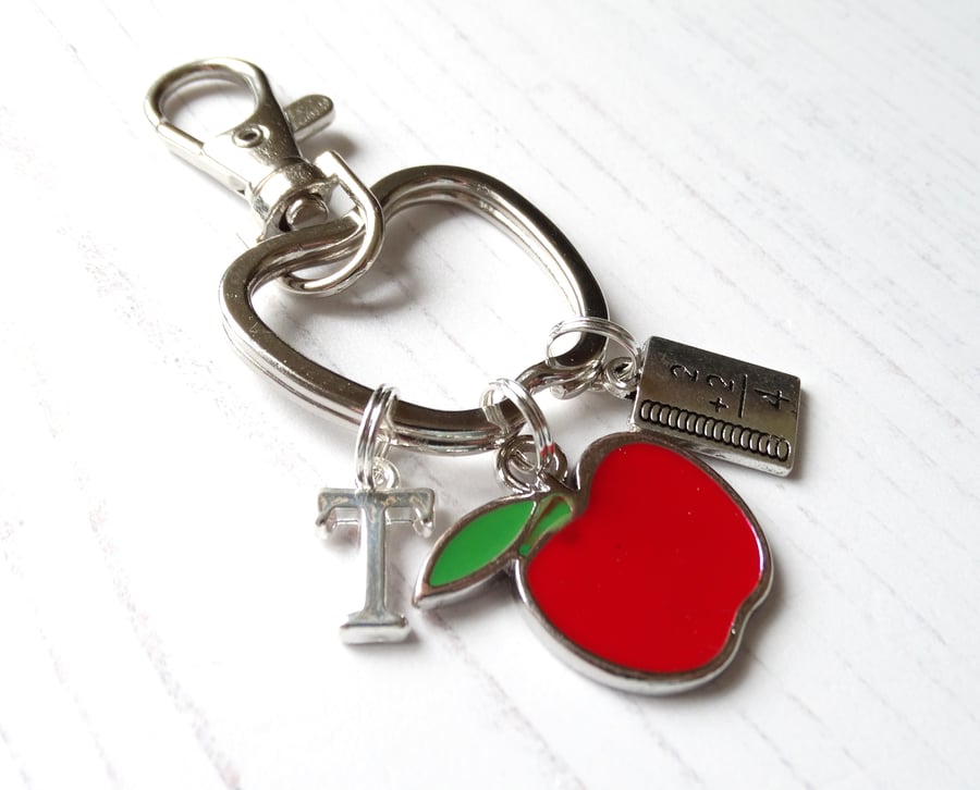Personalised Red Apple and Maths Book Keyring for Teacher