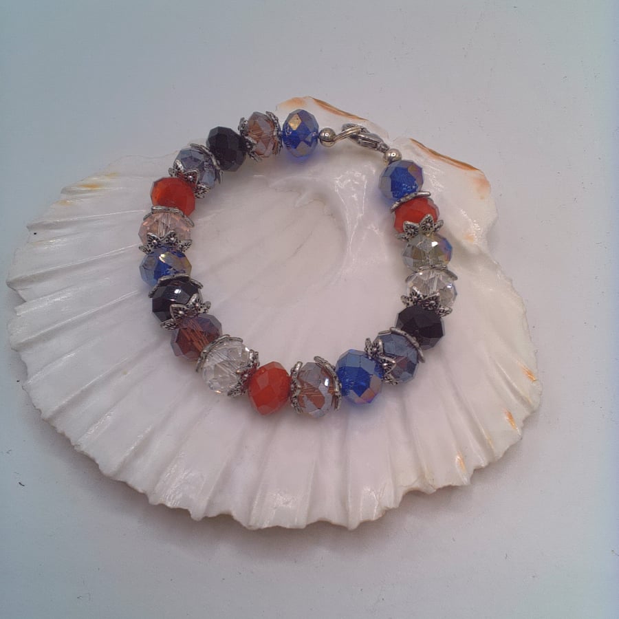 Multi Coloured Crystal Bracelet with Silver Plated Bead Caps, Gift for Her