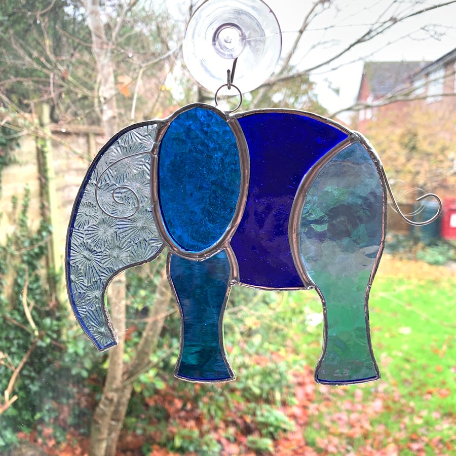 Stained Glass Large Elephant Suncatcher - Handmade Hanging Decoration - Blue