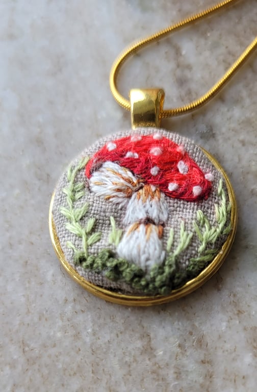 hand Embroidered necklace with mushroom pendant vintage style autumn fall Birthd
